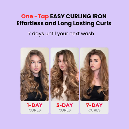 Advertisement for a hair curling product showing different curl durations on a purple background.