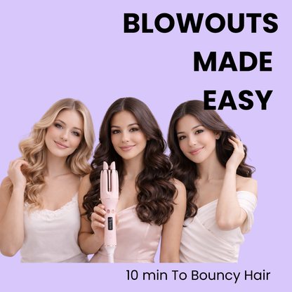 Three women with styled hair holding a pink hair styling tool against a purple background with text 'Blowouts Made Easy'.