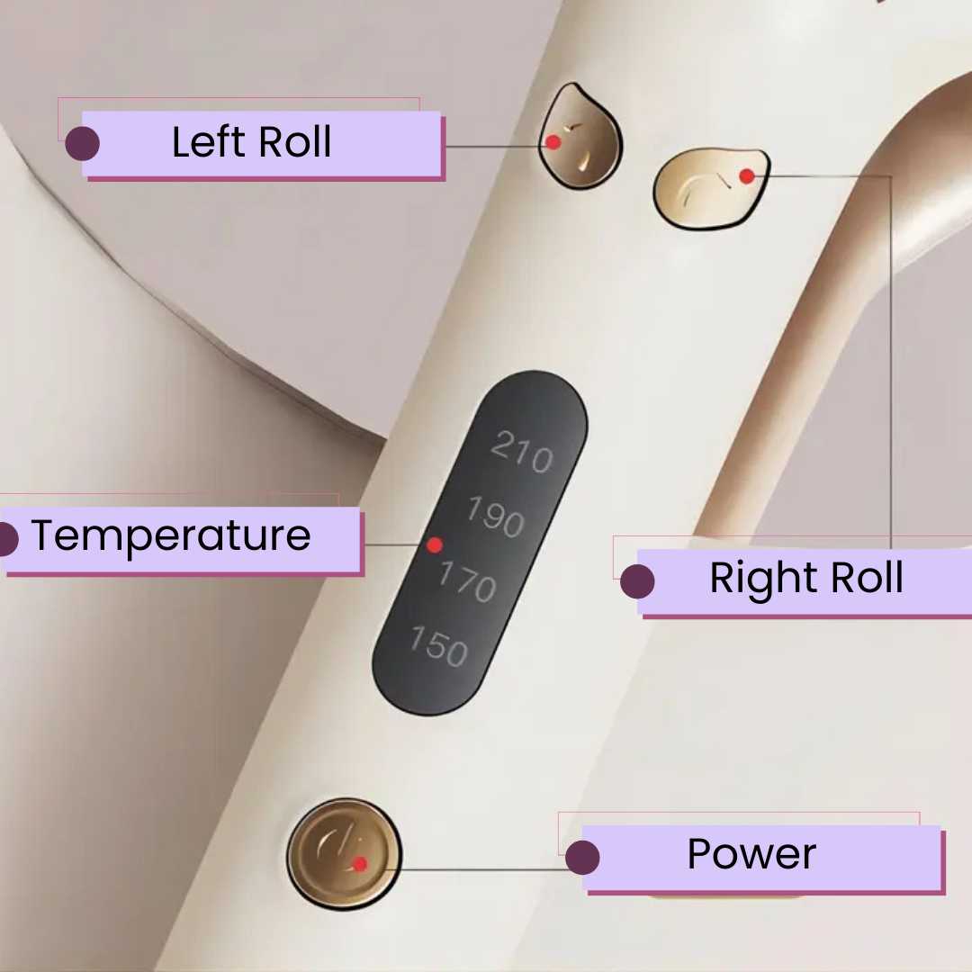 Control panel with labeled left roll, temperature, right roll, and power buttons on a light background.