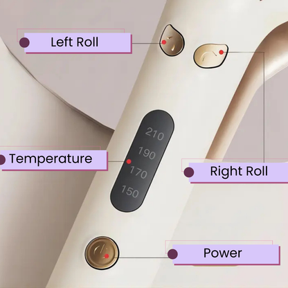Control panel with labeled left roll, temperature, right roll, and power buttons on a light background.