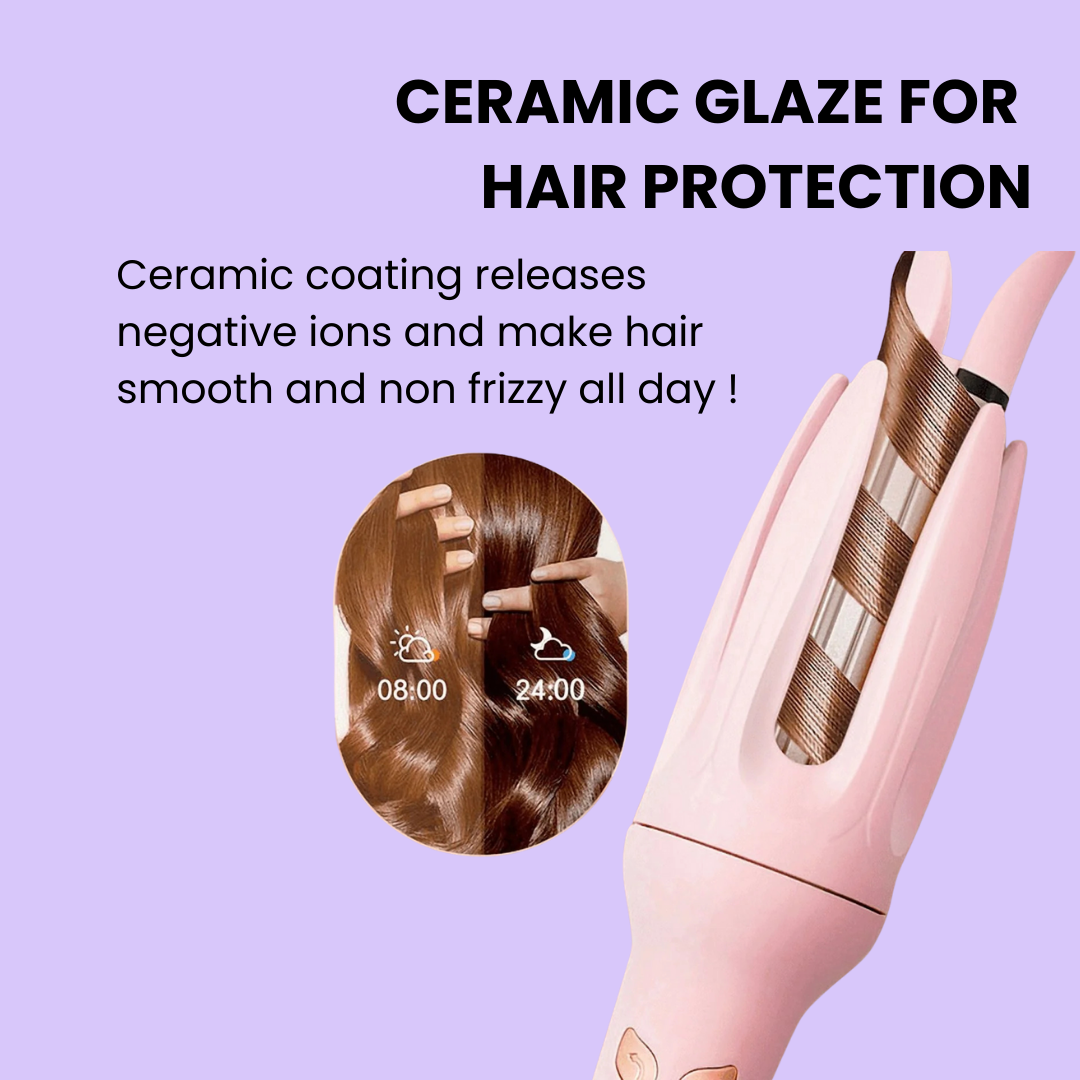 Hair straightener with ceramic glaze for hair protection on a purple background