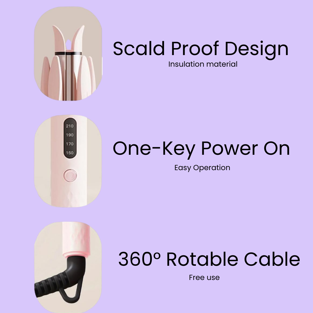 Product features with scald proof design, one-key power on, and 360-degree rotatable cable on a purple background.