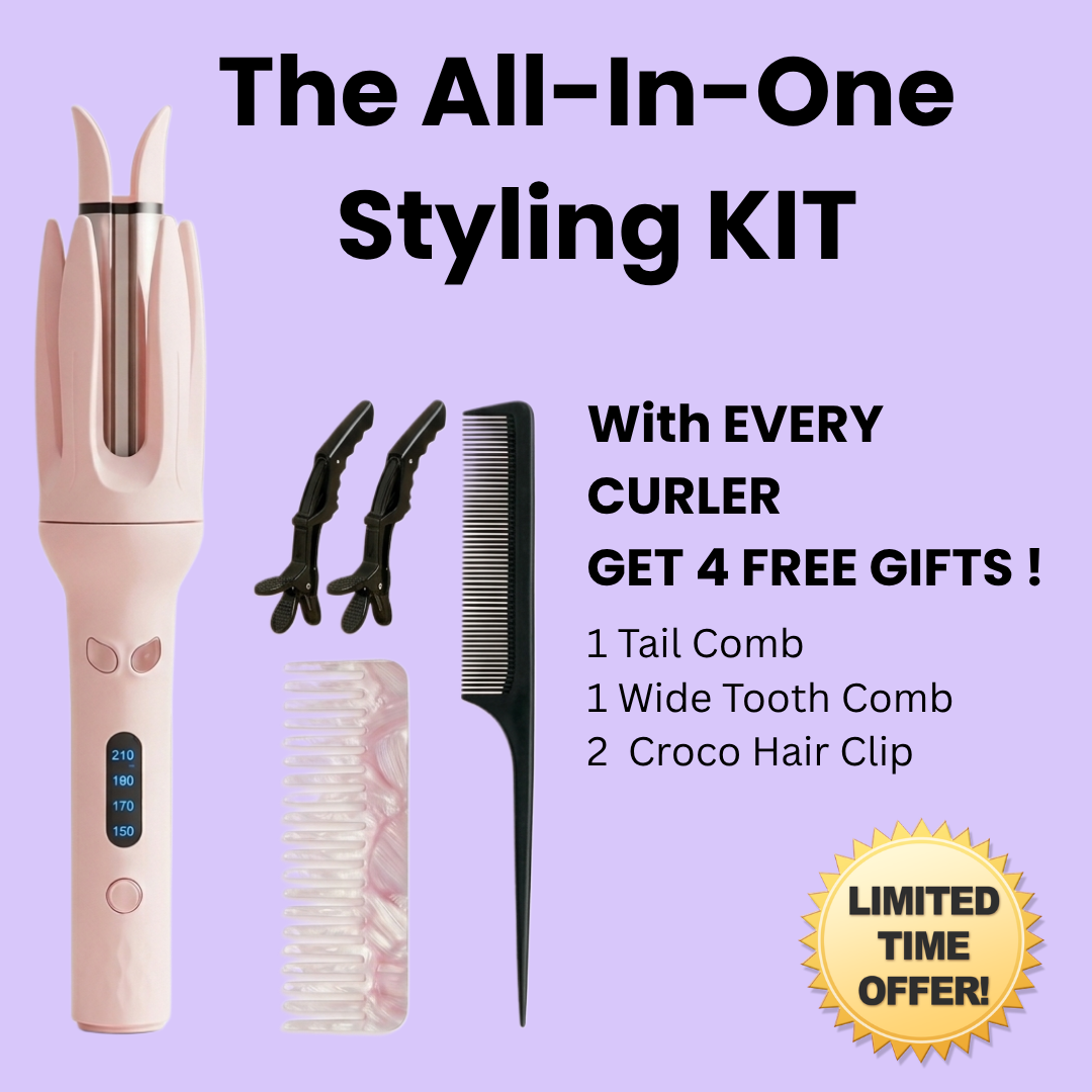All-in-one styling kit with hair tools on a purple background
