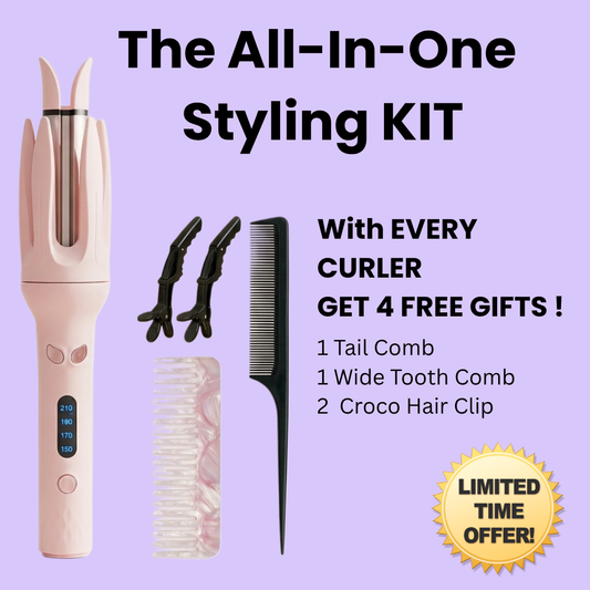 All-in-one styling kit with hair tools on a purple background