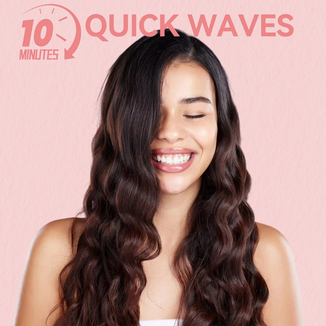Woman with styled hair against a pink background with '10 Quick Waves' text.