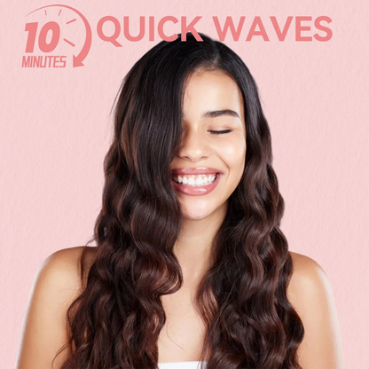 Woman with styled hair against a pink background with '10 Quick Waves' text.
