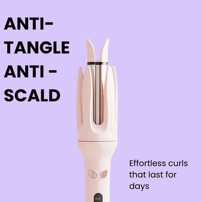 Hair straightener with text on an anti-tangle and anti-scald feature on a purple background